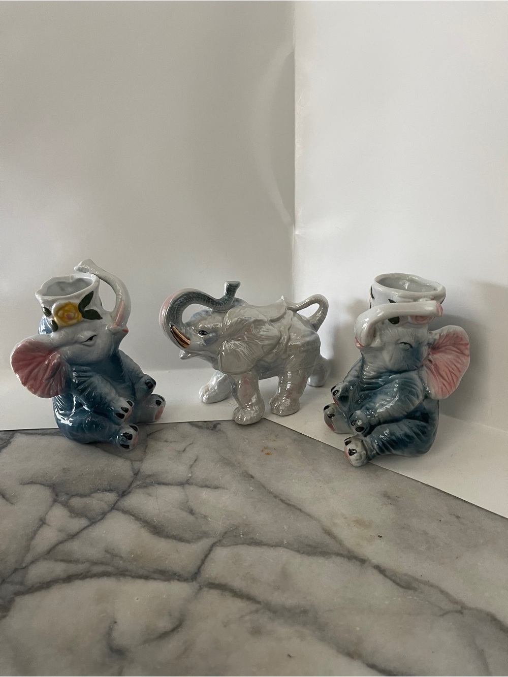 Vintage Trio 2 Vases, All Raised Trunks  Elephants, Glazed Porcelain Ceramic